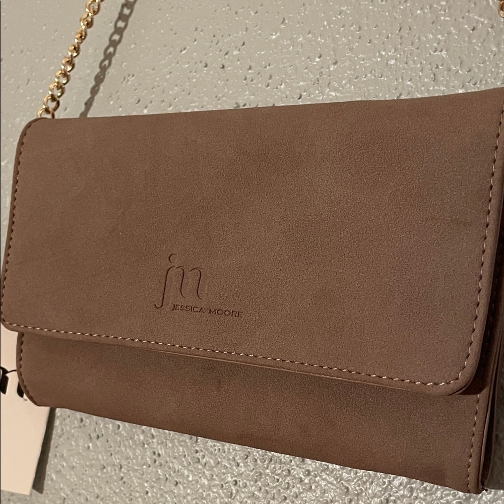 Jessica Moore Fawn Suede Clutch Bag with detachable gold chain strap